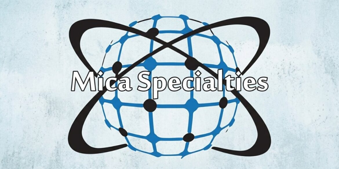 Mica Specialties company logo with globe-inspired branding on a light blue background.