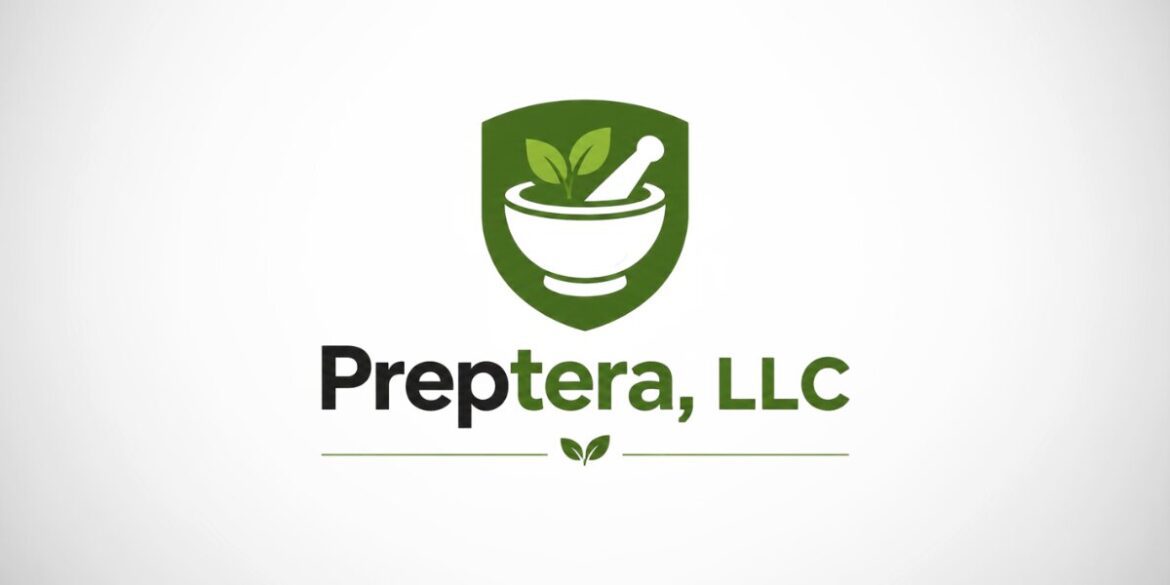 Preptera LLC logo featuring a green shield with a mortar, pestle, and leaves representing smart kitchen management.