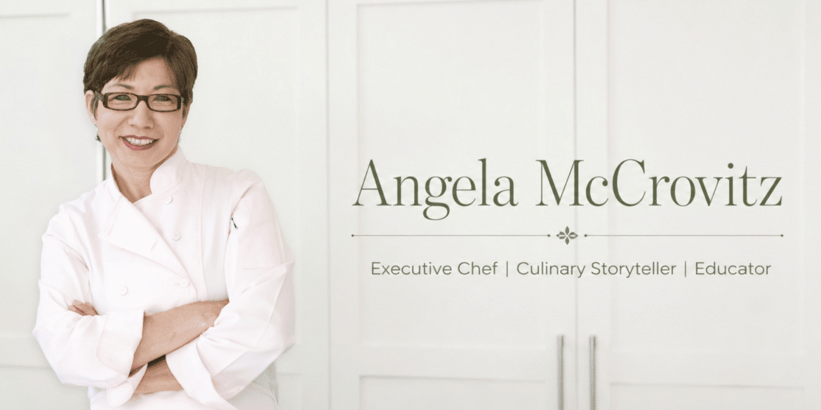 Angela McCrovitz in a chef's coat beside text identifying her as an executive chef, culinary storyteller, and educator.