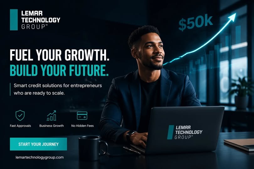 Professional promoting LEMAR TECHNOLOGY GROUP business credit solutions with growth chart and laptop.