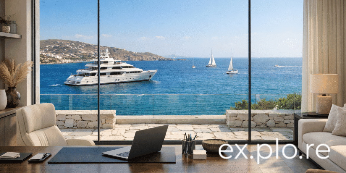 Luxury office overlooking the sea with a superyacht, sailboats, and panoramic coastal views through floor-to-ceiling windows.