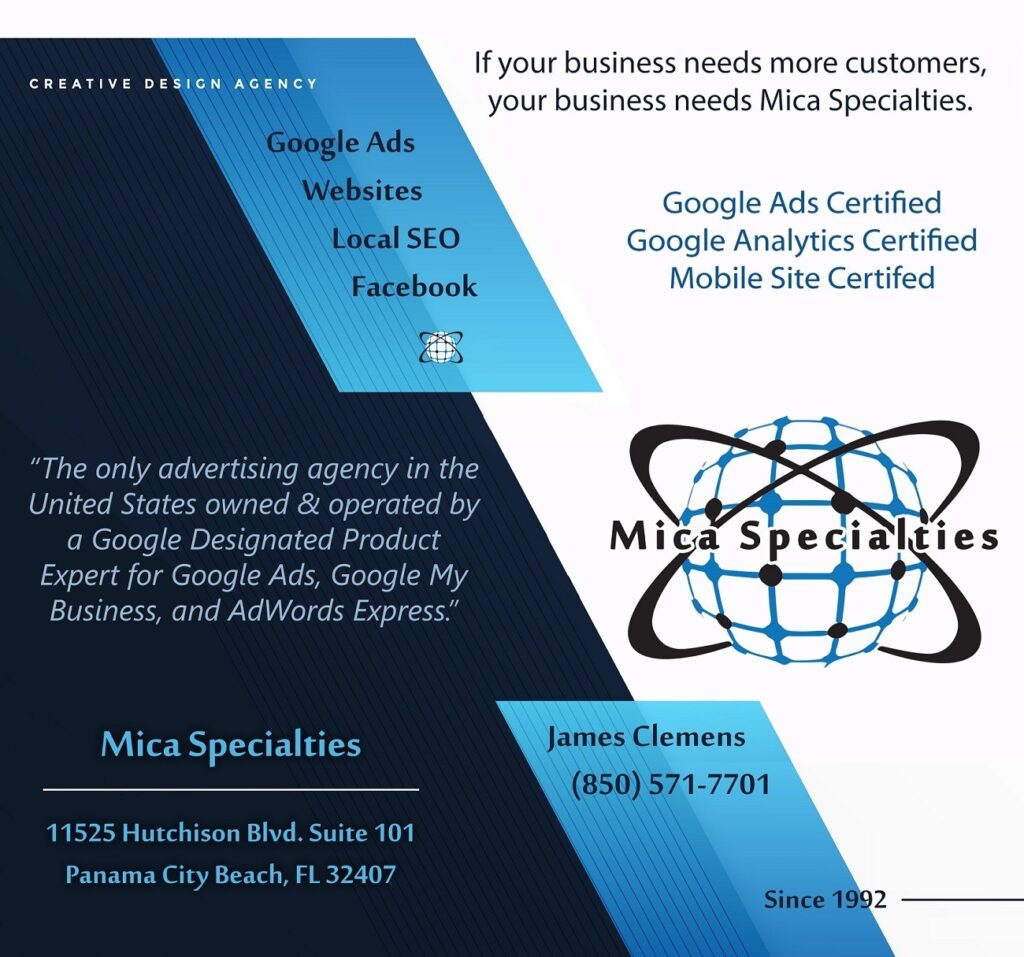 Mica Specialties digital marketing services flyer highlighting Google Ads, SEO, websites, and analytics certifications.