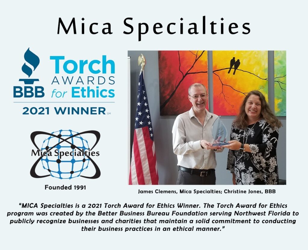 James Clemens accepts the 2021 BBB Torch Award for Ethics on behalf of Mica Specialties.