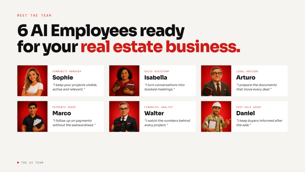 Illustration of six AI Employees designed to support real estate sales, legal, finance, and customer service.