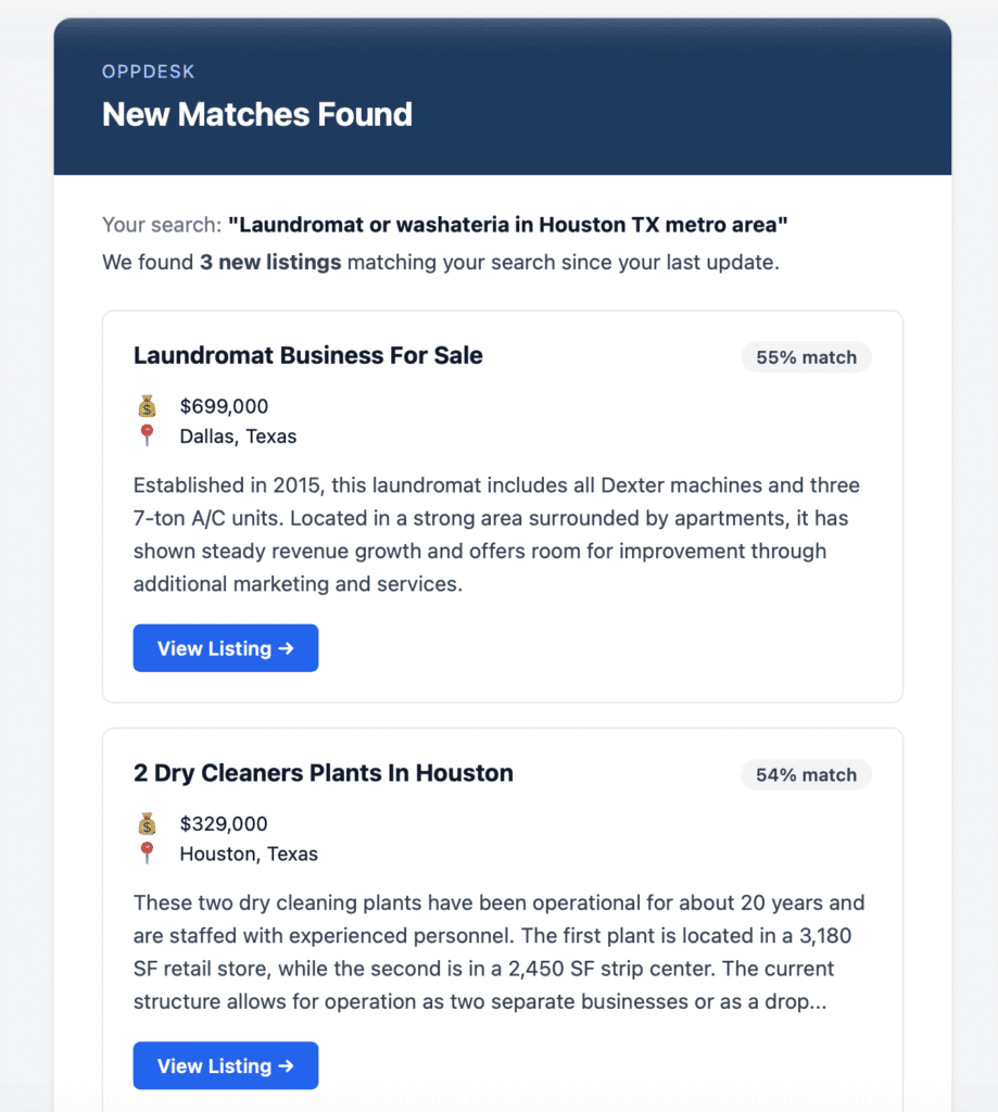 OppDesk dashboard showing matched business acquisition listings based on buyer search criteria.
