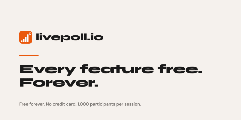 Livepoll.io logo with text promoting every feature free forever and 1,000 participants per session.