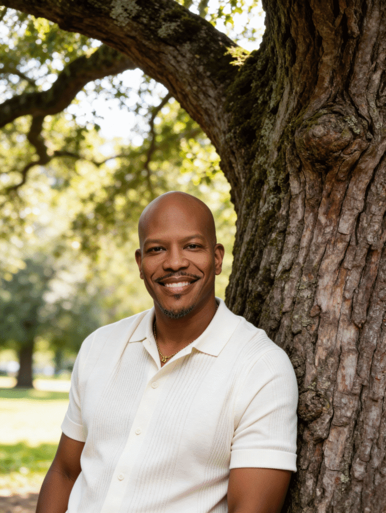 JW Radford smiling beside a large oak tree in a park.