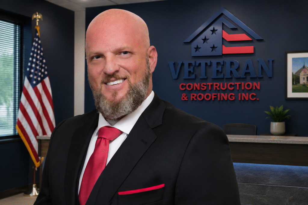 Leo Dailey in the Veteran Construction & Roofing office with company logo and American flag.