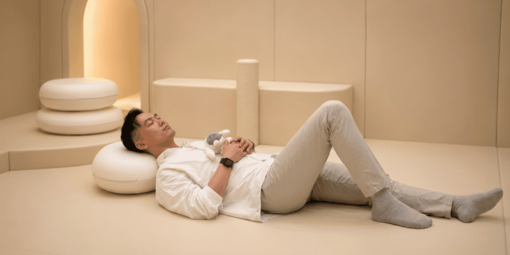 Person resting with OdbO Emotion Patch Plush on their chest in a calm, minimalist room.
