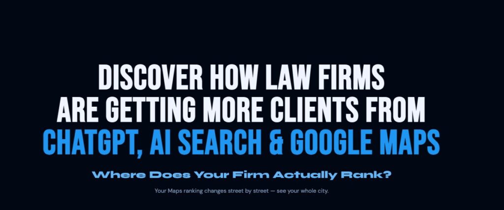 Graphic promoting law firm visibility across ChatGPT, AI search, and Google Maps with blue and white text.