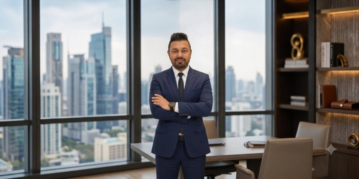 Business professional in a blue suit standing in a modern office with a city skyline behind.