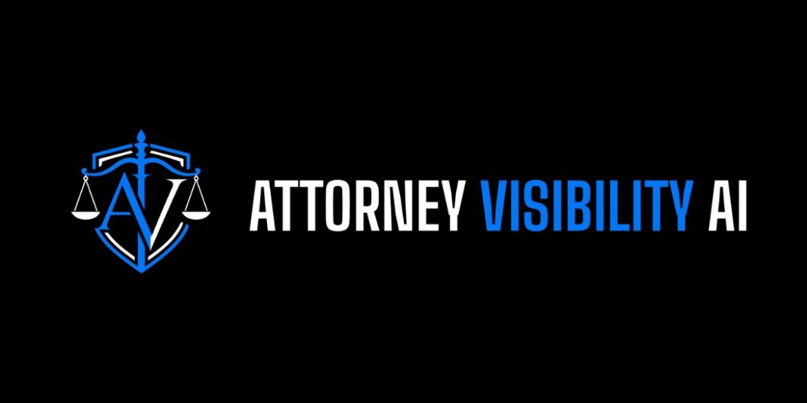 Attorney Visibility AI logo featuring blue and white scales of justice on a black background.