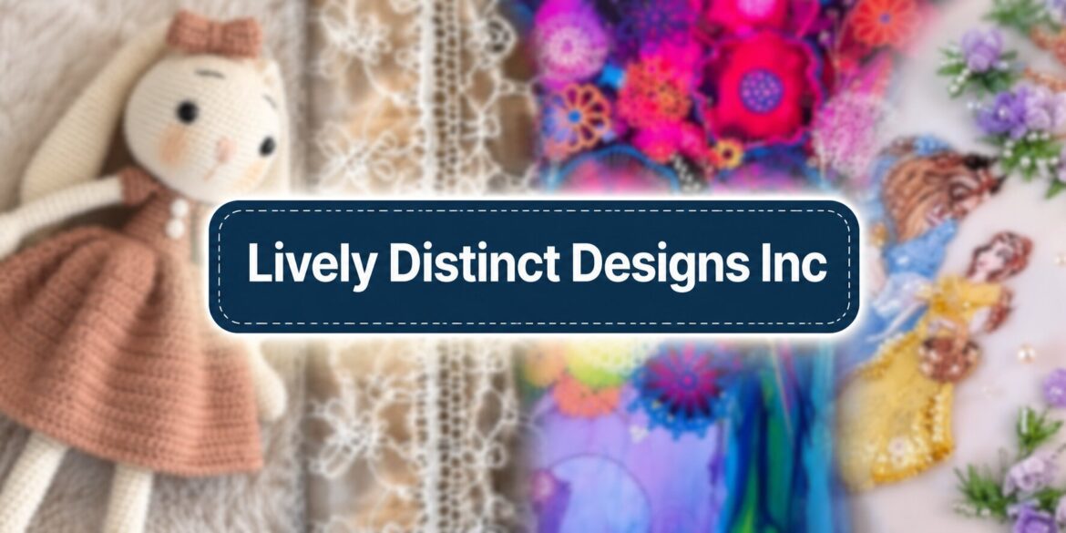 Handcrafted doll, lace fabric, colorful handmade designs, and Lively Distinct Designs Inc. branding.