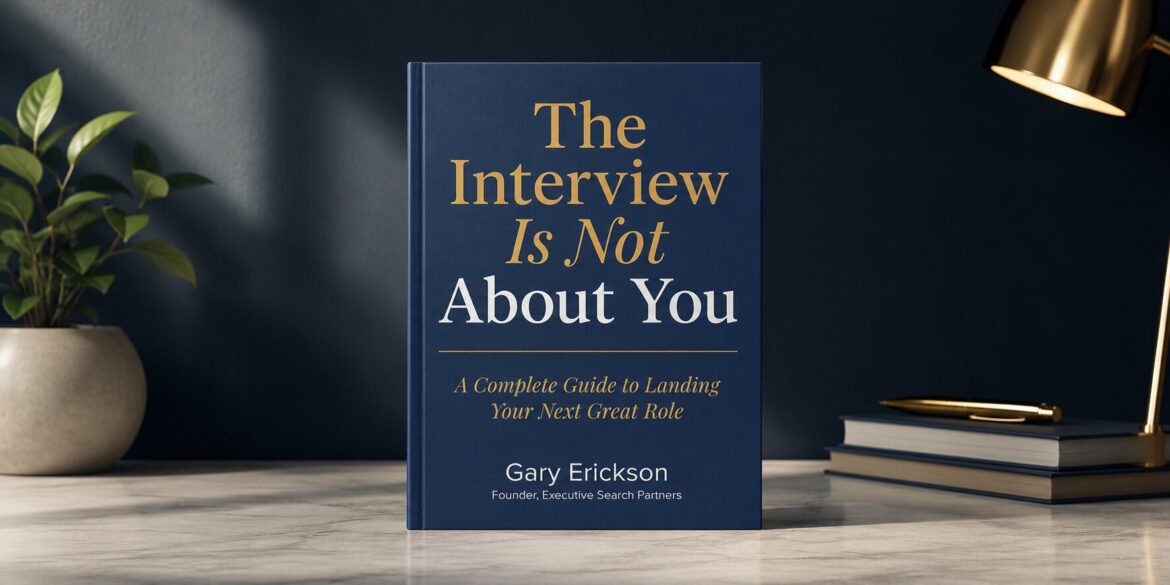 Hardcover copy of The Interview Is Not About You displayed on a desk.