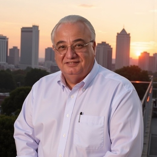 Kenneth Carnesi Sr. wearing glasses and a white shirt with a city skyline at sunset behind him.
