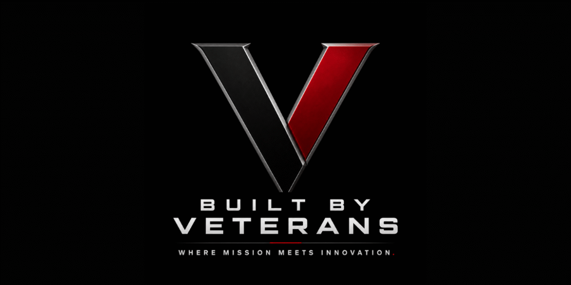 Built By Veterans logo with stylized red and black V and mission statement on black background.