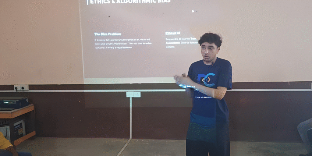 Manit Awtani gives a presentation on AI ethics and algorithmic bias during a Digital Coders session.