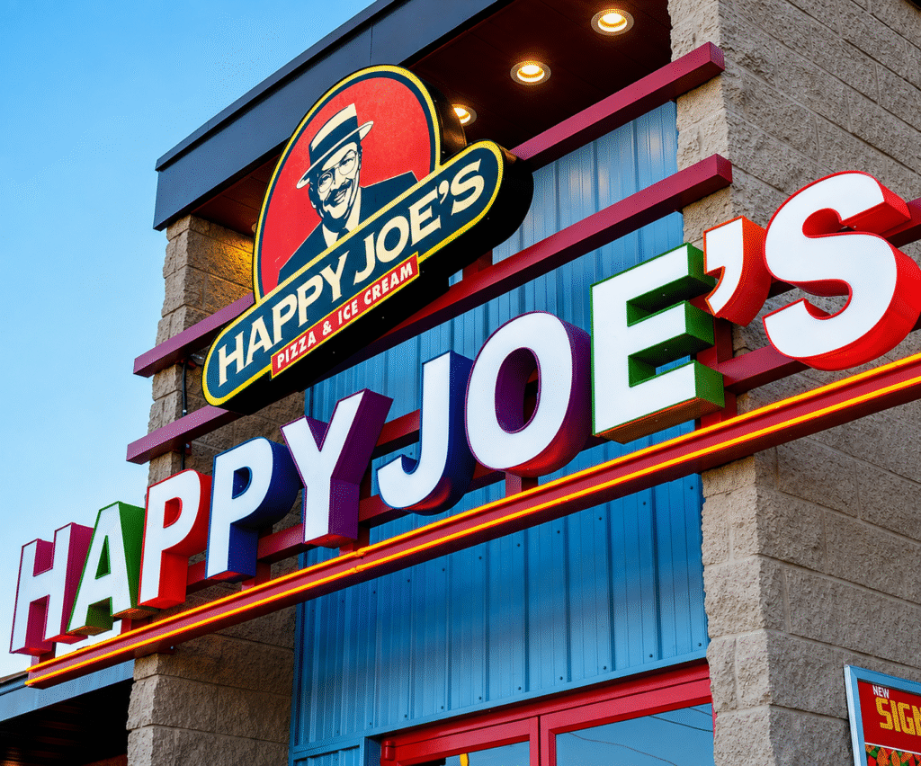 Happy Joe’s Pizza & Ice Cream restaurant exterior with colorful illuminated signage.
