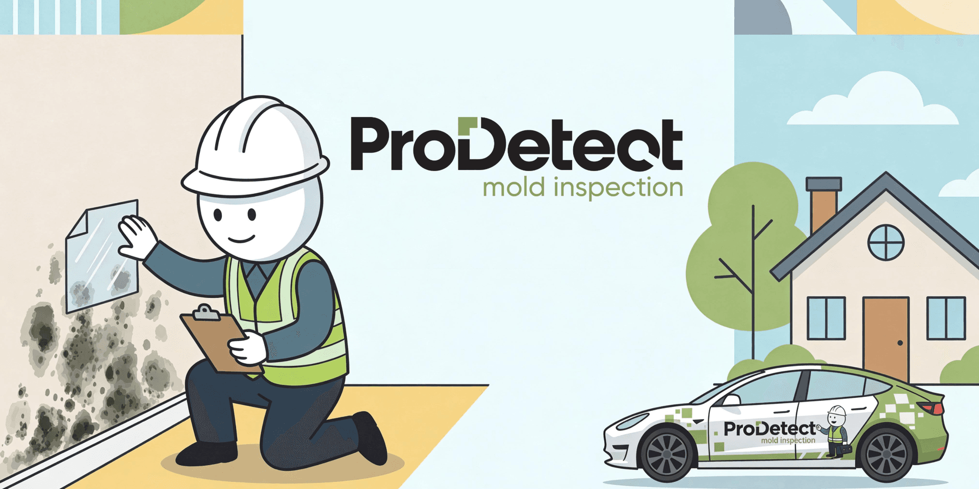 Cartoon of a mold inspector checking a wall with mold near a house and vehicle