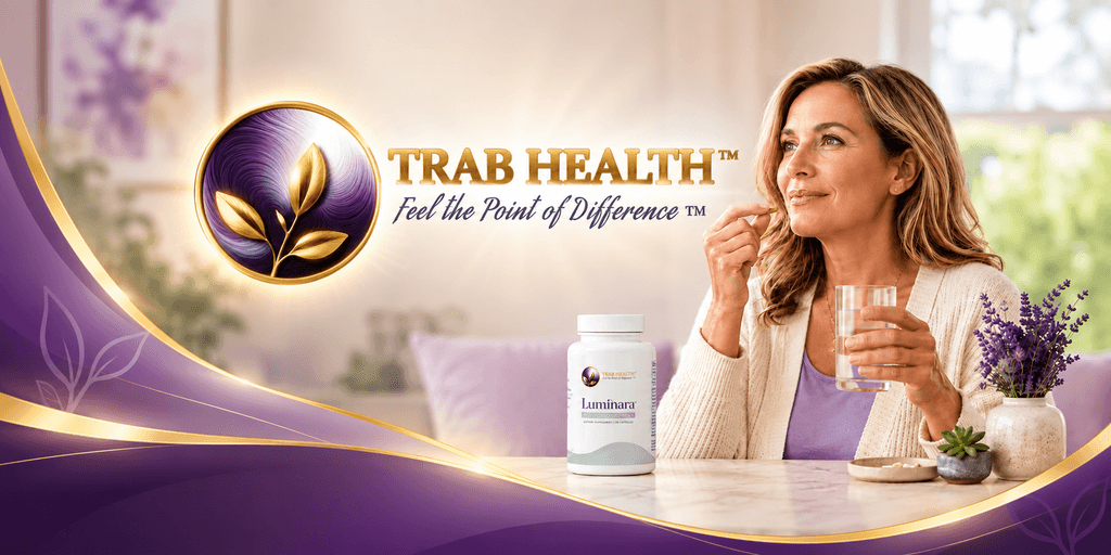 Woman enjoying a supplement and drink with a wellness product in the foreground